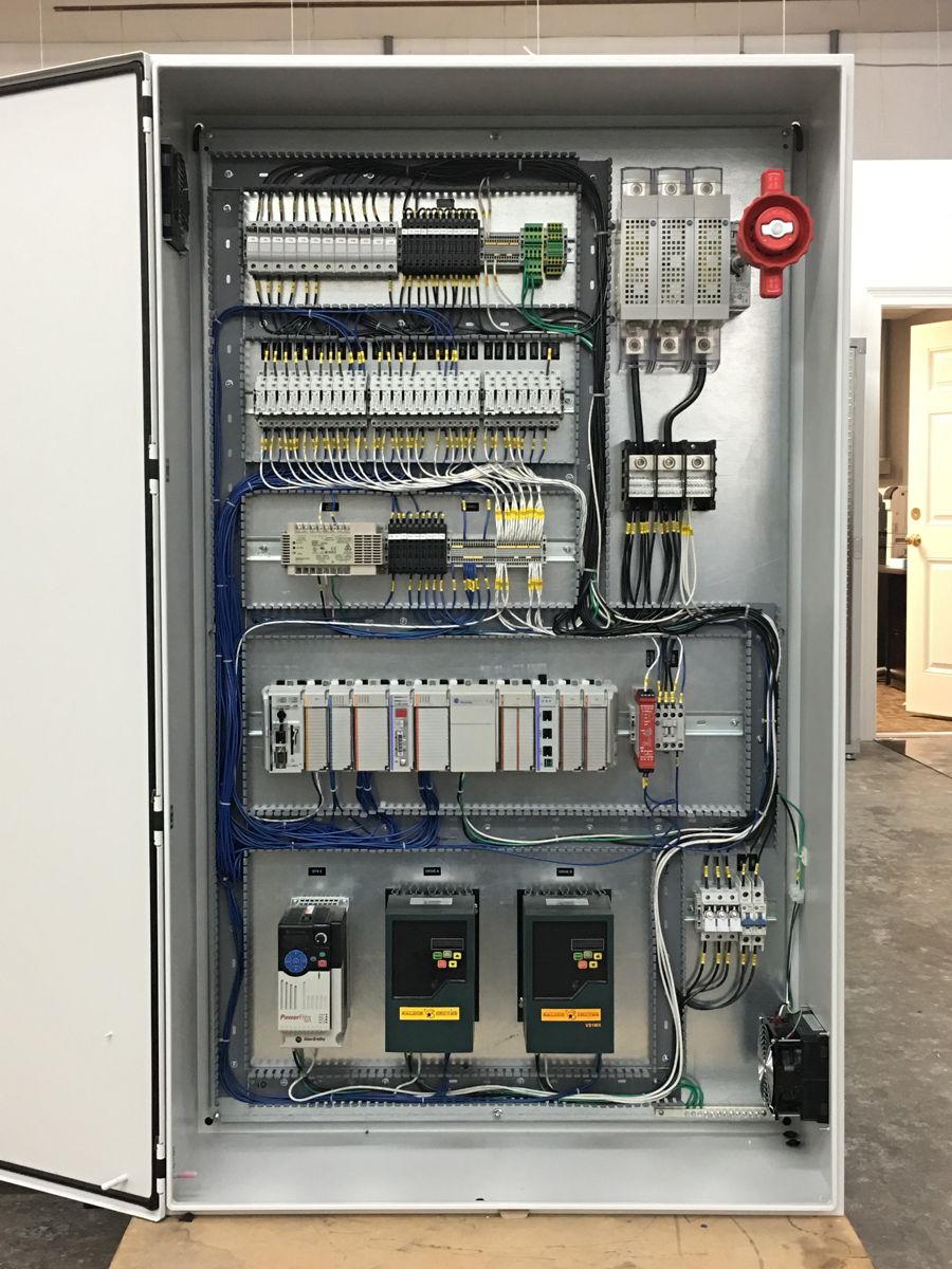 A Denec-built industrial control panel with drives and PLC, door open